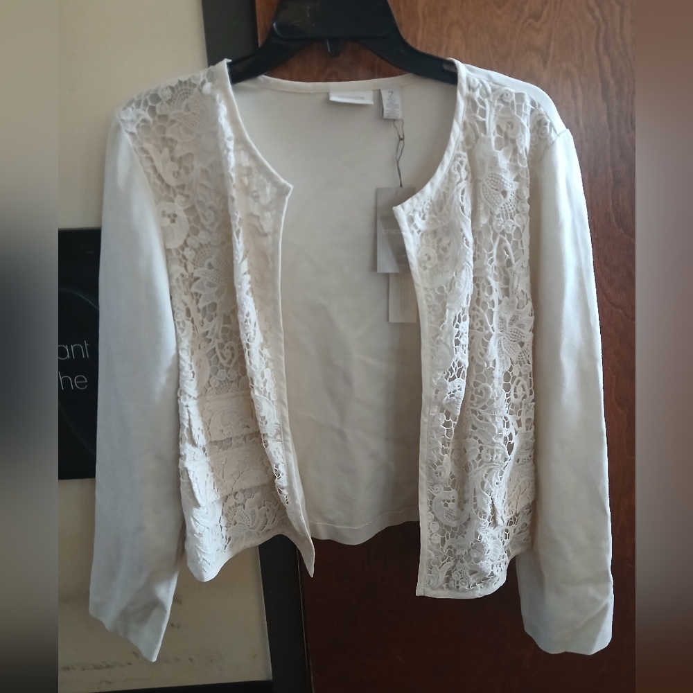 NWT/ CHICO'S cream crochet open front short jacket